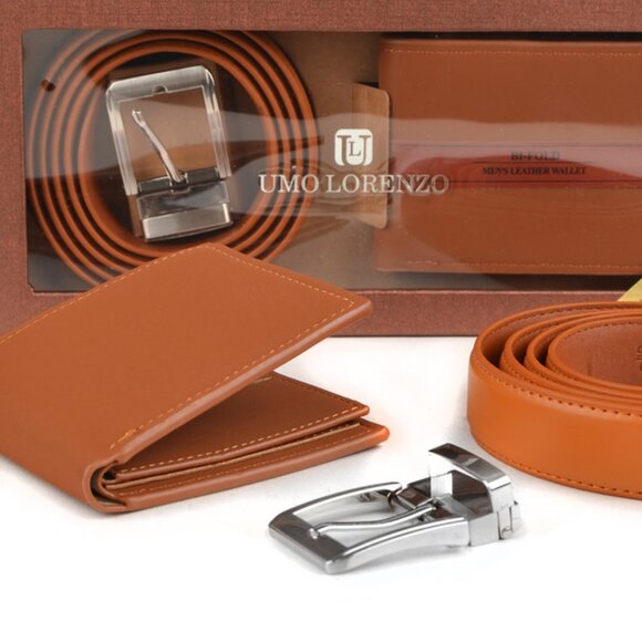 Men's Tan/Brown Leather Wallet & Belt Gift Set - NWT/NRFB - Picture 2 of 6